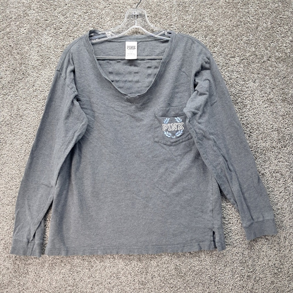 PINK Victoria's Secret Grey V-Neck Long‎ Sleeve Pocket T-Shirt Back Logo Small